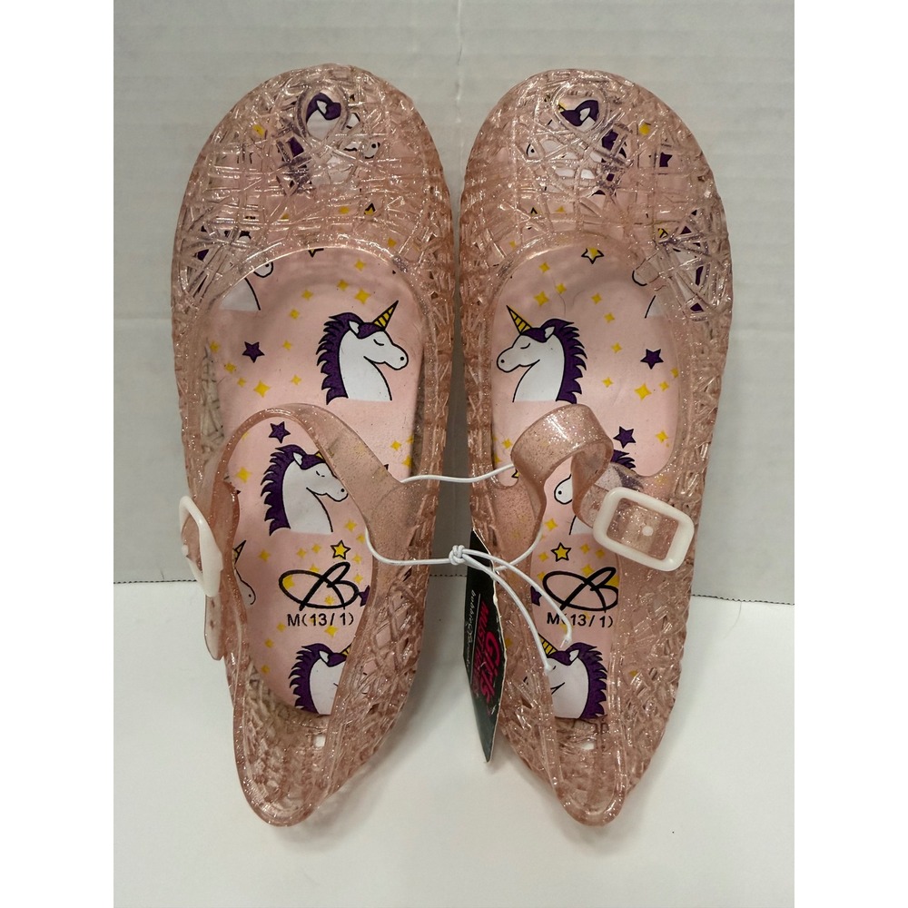 Bobbie Brooks Girls Pink Glitter Jelly Shoes Unicorn Print Size M 13/1 Flats